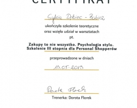 certyfikat Sylwia Dębiec-Babicz, personalstylist.pl